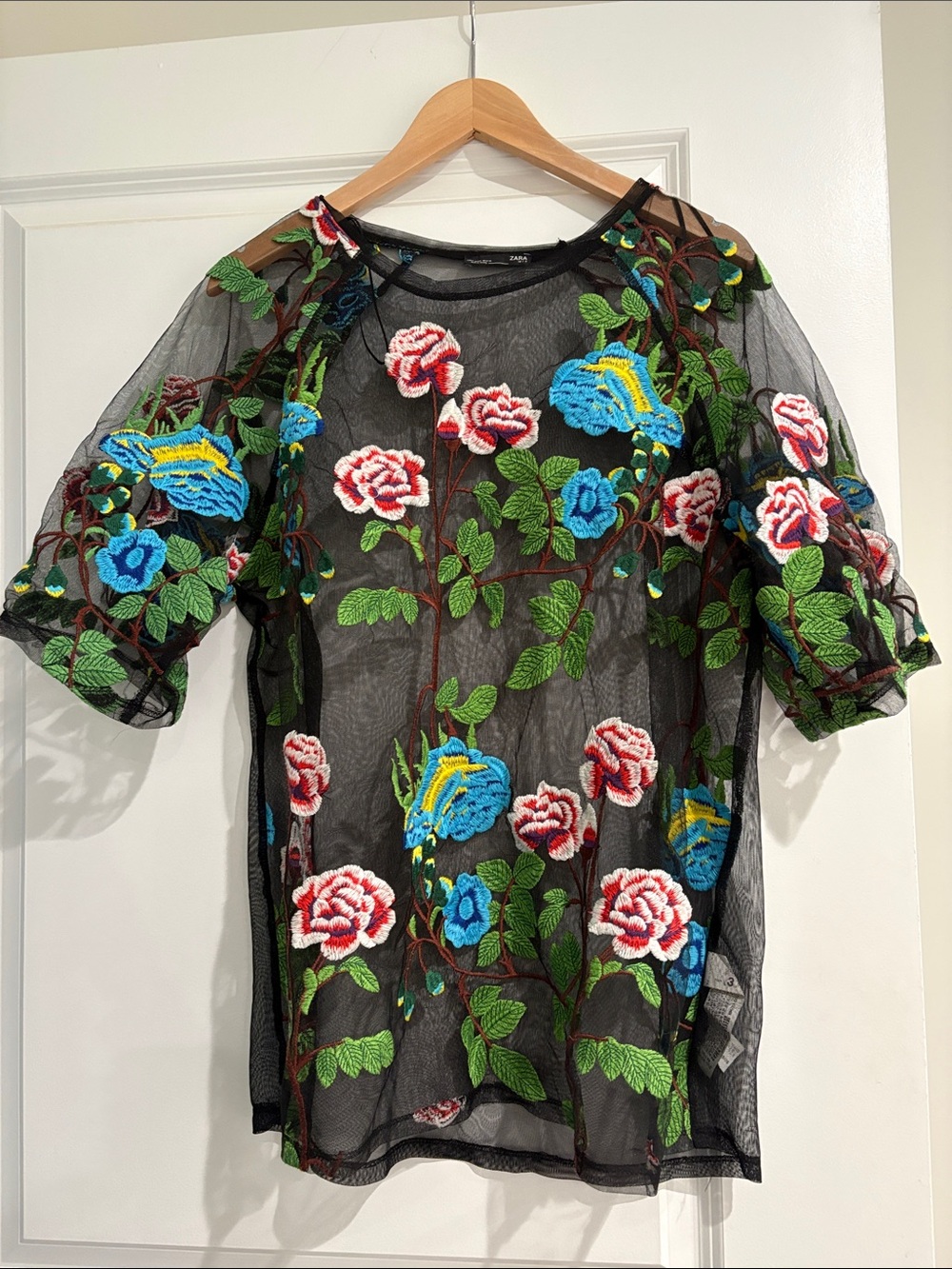 Zara Sheer Black Embroidered Floral Mesh Tunic Top sz M L